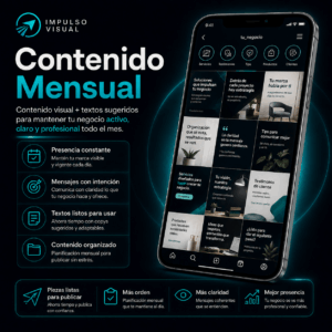 Portada del servicio Contenido Mensual de Impulso Visual, pensado para mantener un negocio activo, claro y profesional en redes sociales.