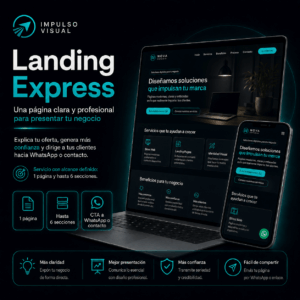 Portada del servicio Landing Express de Impulso Visual, una página clara y profesional para presentar un negocio y dirigir clientes hacia WhatsApp o contacto.