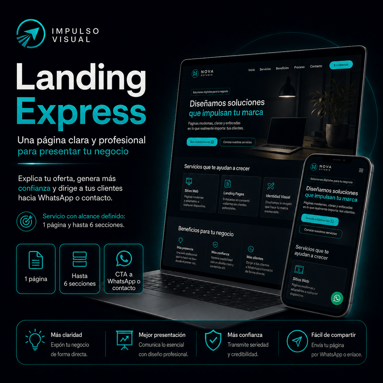 Portada del servicio Landing Express de Impulso Visual, una página clara y profesional para presentar un negocio y dirigir clientes hacia WhatsApp o contacto.