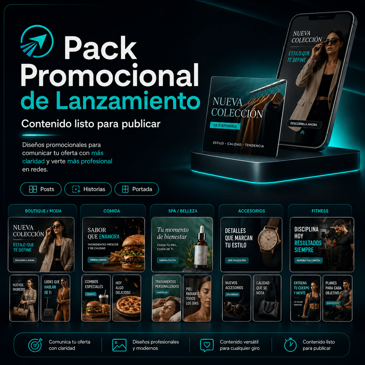 Portada del Pack Promocional de Lanzamiento de Impulso Visual, servicio de contenido promocional para redes sociales y WhatsApp.
