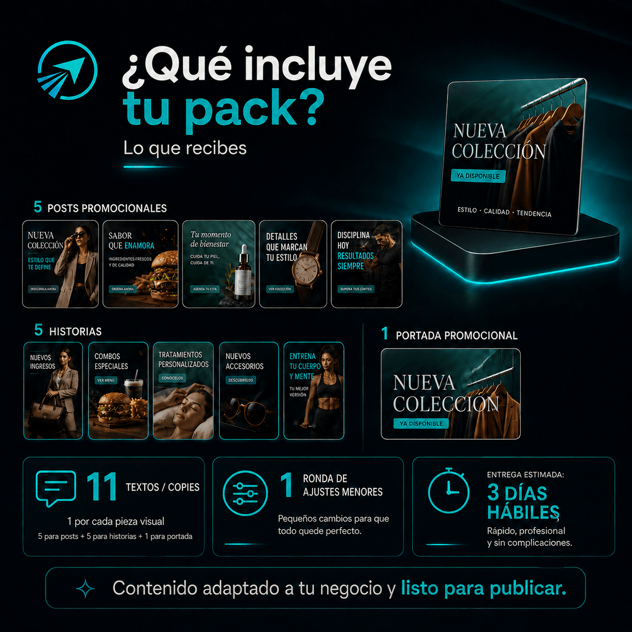 Imagen informativa que muestra lo que incluye el Pack Promocional de Lanzamiento de Impulso Visual: 5 posts, 5 historias, 1 portada promocional, 11 textos o copies, 1 ronda de ajustes menores y entrega estimada en 3 días hábiles.