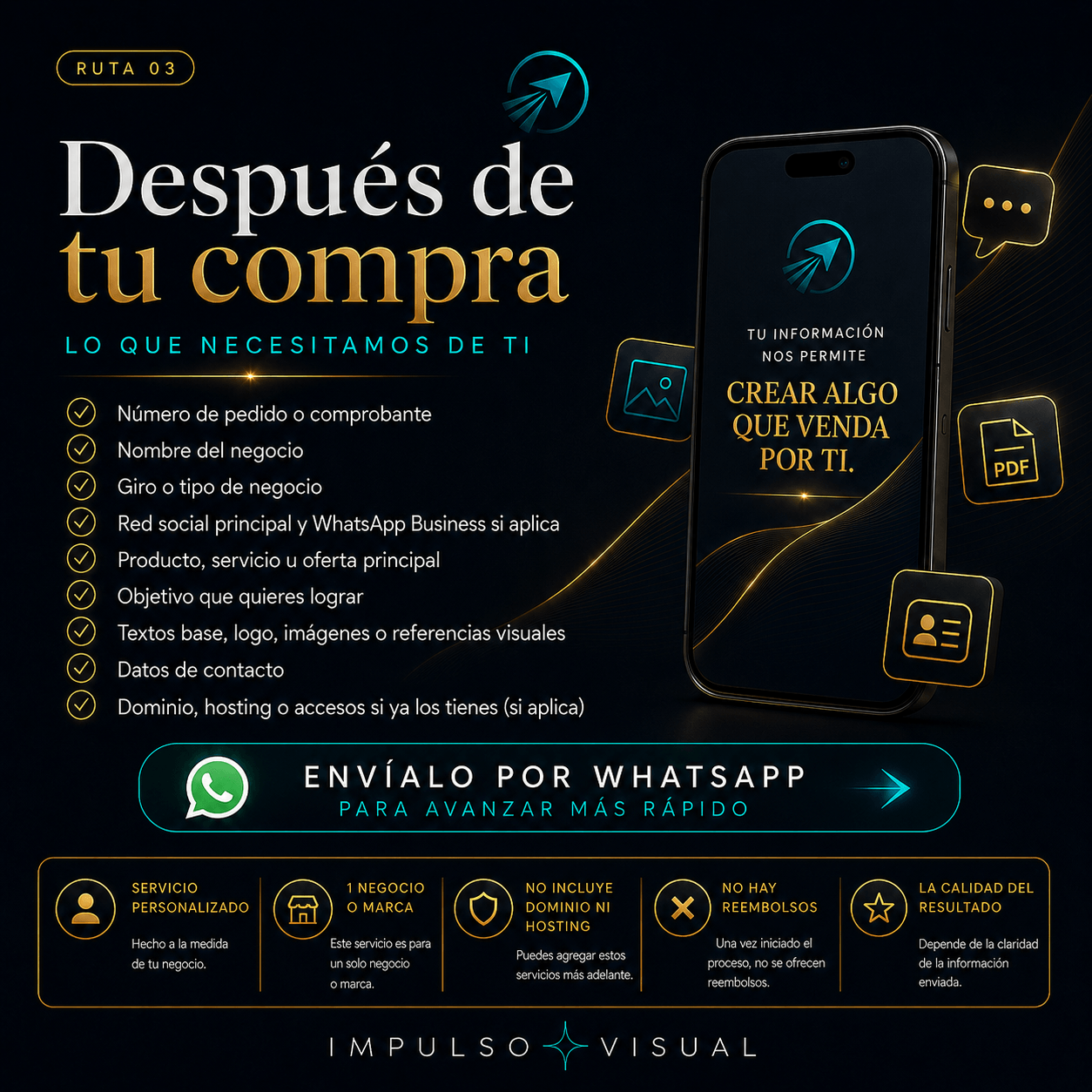 Imagen informativa que muestra lo que incluye la Ruta Arranque Digital: diagnóstico visual comercial, esencia visual, pack promocional, Landing Express básica, diseño adaptable y una ronda de ajustes menores.