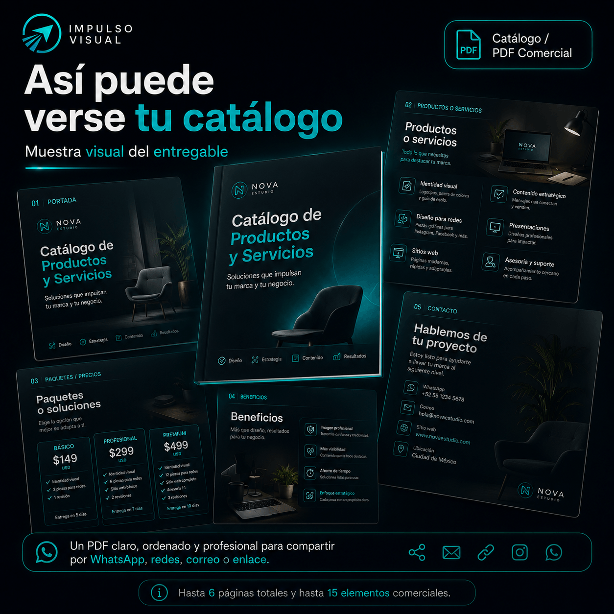 Ejemplo visual de un catálogo o PDF comercial con portada, productos, servicios, precios, condiciones importantes y datos de contacto.
