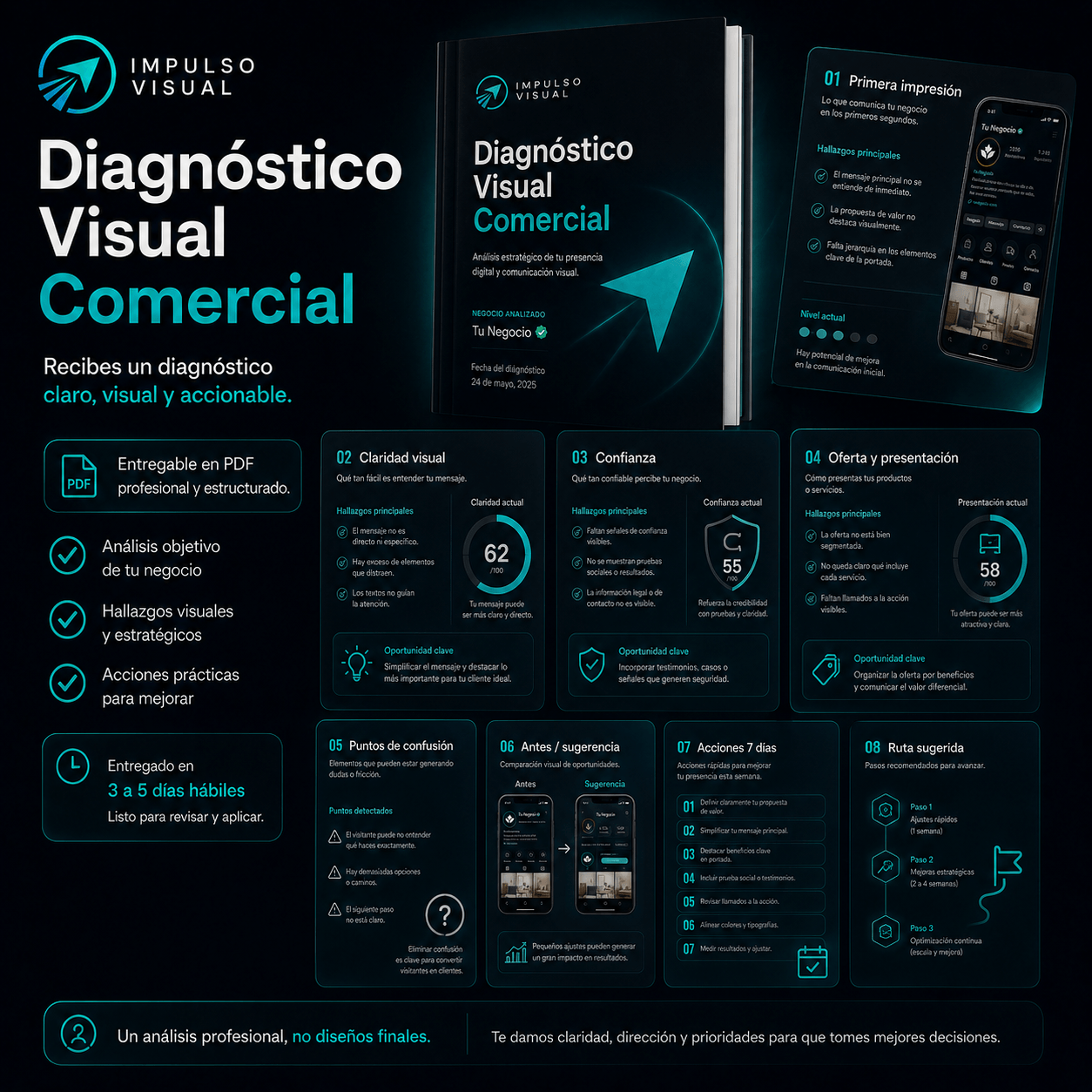 Ejemplo visual del entregable del Diagnóstico Visual Comercial en formato PDF con análisis, hallazgos, oportunidades y ruta sugerida.