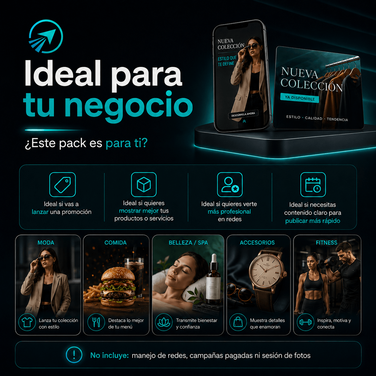 Ejemplos visuales de posts e historias promocionales que forman parte del Pack Promocional de Impulso Visual para distintos tipos de negocio.