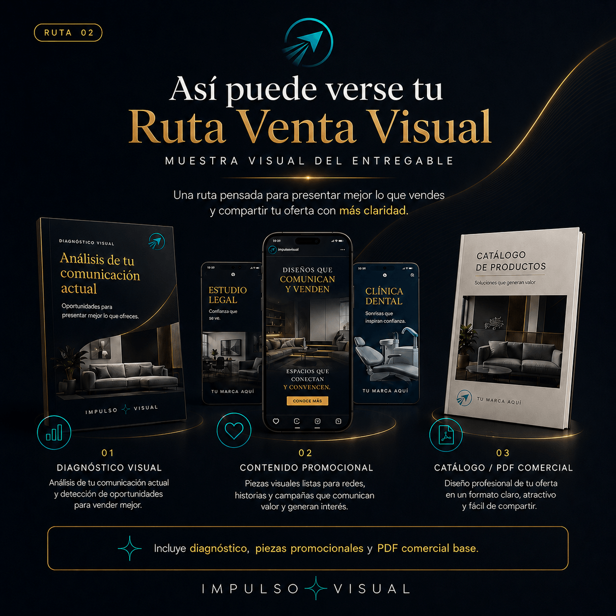 Ejemplo visual del entregable de Ruta Venta Visual con diagnóstico, contenido promocional y catálogo PDF comercial para presentar mejor una oferta.
