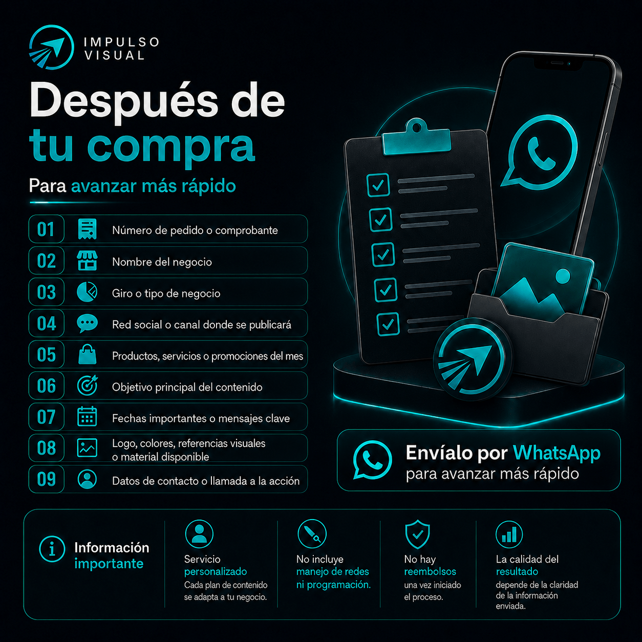 Imagen informativa sobre qué debe enviar el cliente después de comprar el servicio Contenido Mensual para iniciar el proceso.