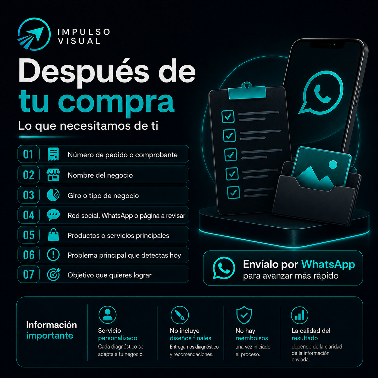 Imagen informativa sobre qué debe enviar el cliente después de comprar el Diagnóstico Visual Comercial para iniciar el análisis.