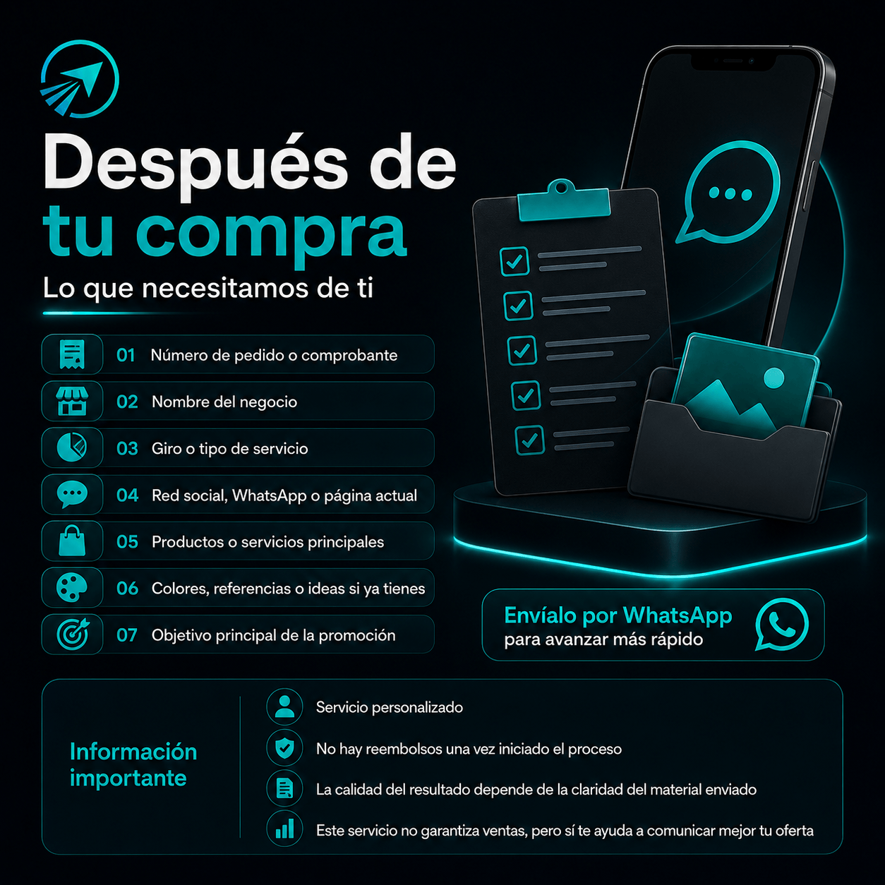 Imagen informativa sobre qué información debe enviar el cliente después de comprar el Pack Promocional de Impulso Visual para avanzar más rápido.