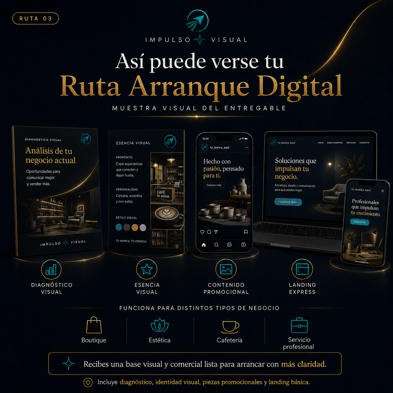 Imagen informativa sobre qué debe enviar el cliente después de comprar la Ruta Arranque Digital para iniciar el desarrollo de su presencia visual y digital.