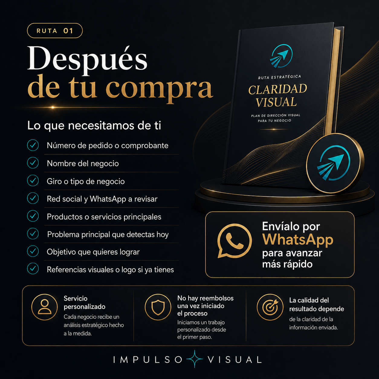 Imagen informativa sobre qué debe enviar el cliente después de comprar la Ruta Claridad Visual para iniciar el análisis y desarrollo de su ruta.