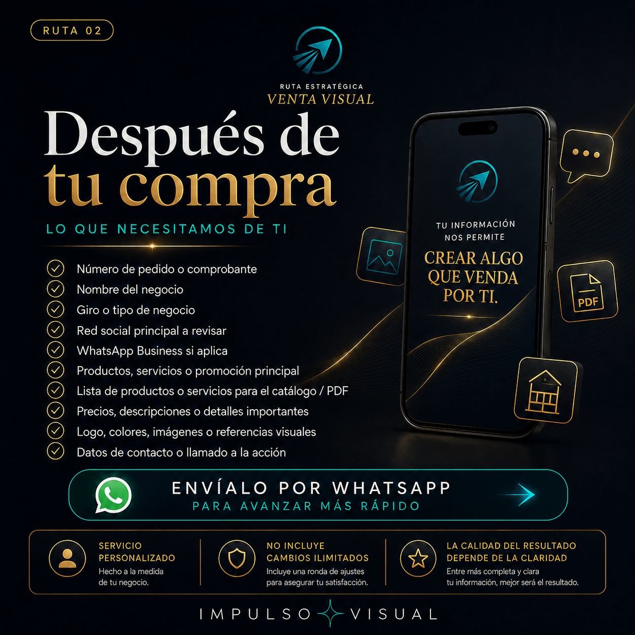Imagen informativa sobre qué debe enviar el cliente después de comprar la Ruta Venta Visual para iniciar el desarrollo de sus materiales comerciales.